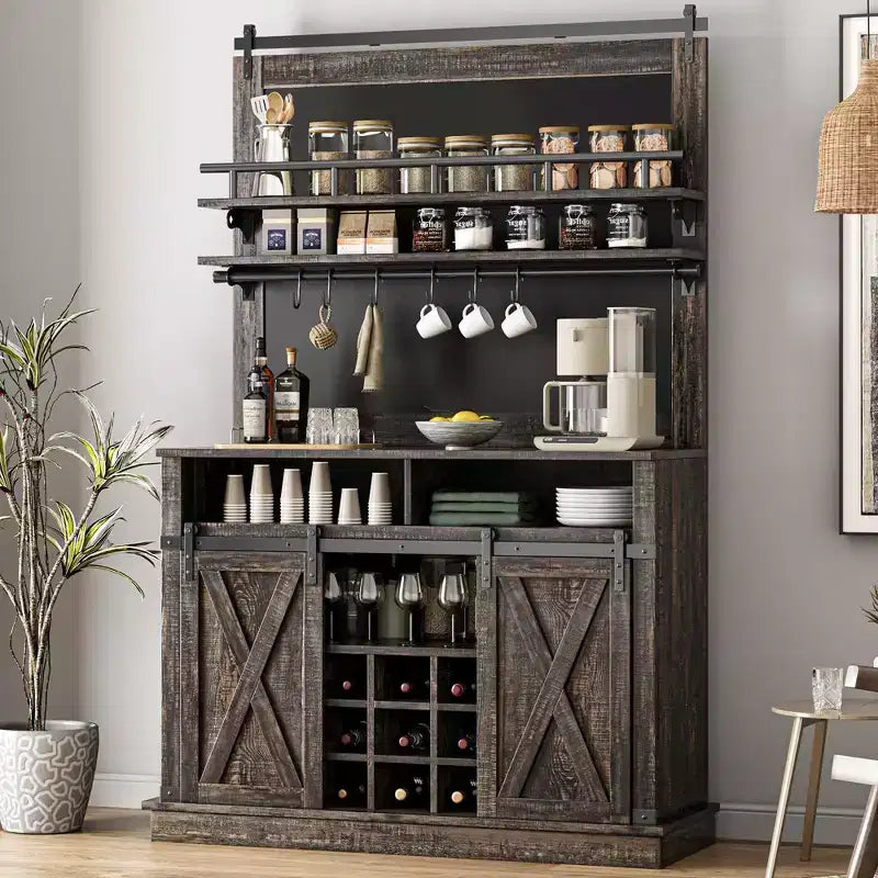 Coffee Hutch Cabinet Farmhouse Coffee Bar Cabinet 75 Tall Buffet Cabinet with Storage Large Bar Cabinet with Sliding Barn Door Dining Room