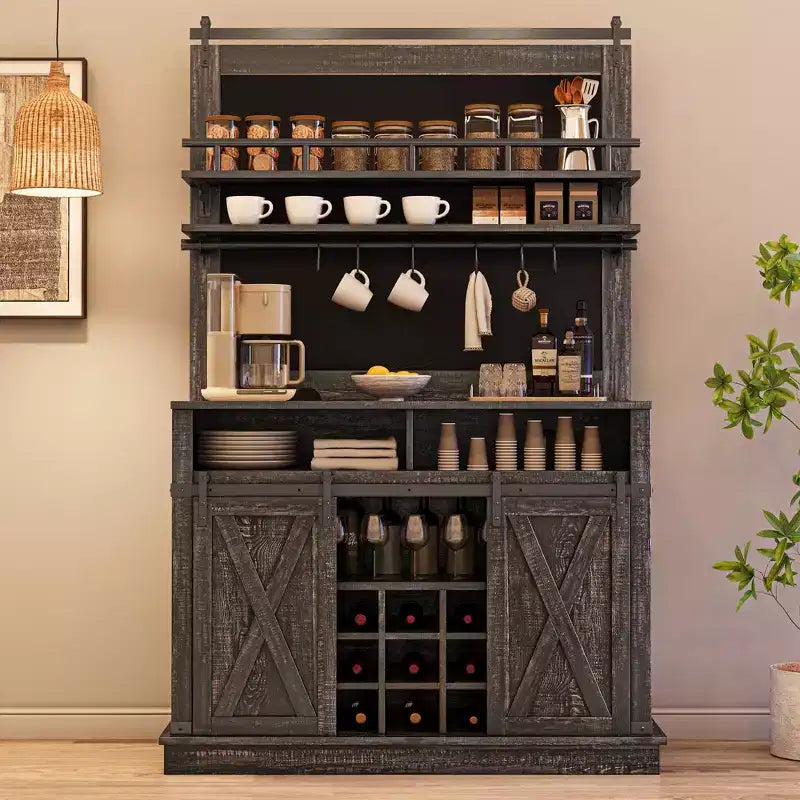 Coffee Hutch Cabinet Farmhouse Coffee Bar Cabinet 75 Tall Buffet Cabinet with Storage Large Bar Cabinet with Sliding Barn Door Dining Room