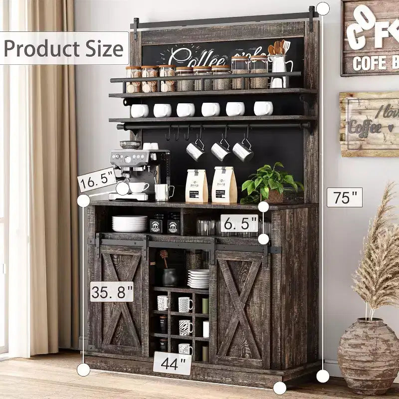 Coffee Hutch Cabinet Farmhouse Coffee Bar Cabinet 75 Tall Buffet Cabinet with Storage Large Bar Cabinet with Sliding Barn Door Dining Room
