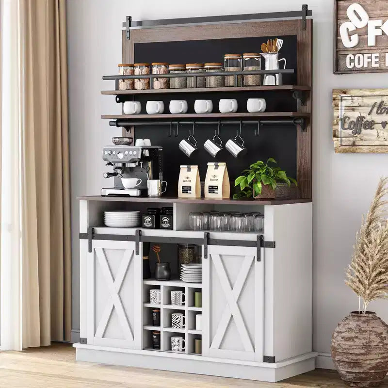 Coffee Hutch Cabinet Farmhouse Coffee Bar Cabinet 75 Tall Buffet Cabinet with Storage Large Bar Cabinet with Sliding Barn Door Dining Room