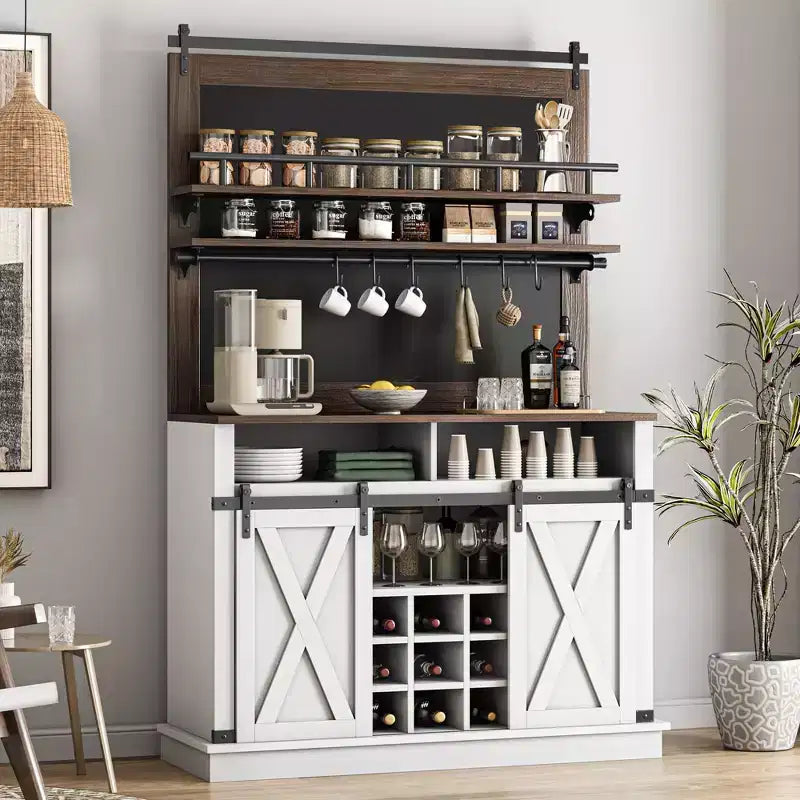 Coffee Hutch Cabinet Farmhouse Coffee Bar Cabinet 75 Tall Buffet Cabinet with Storage Large Bar Cabinet with Sliding Barn Door Dining Room