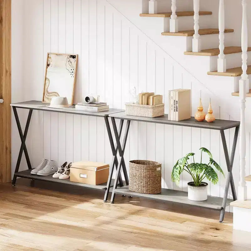Small Entryway Table, Narrow Hallway Table, 2-Tier Industrial Display Table with Shelves, Couch Table Behind Sofa, Foyer Tables