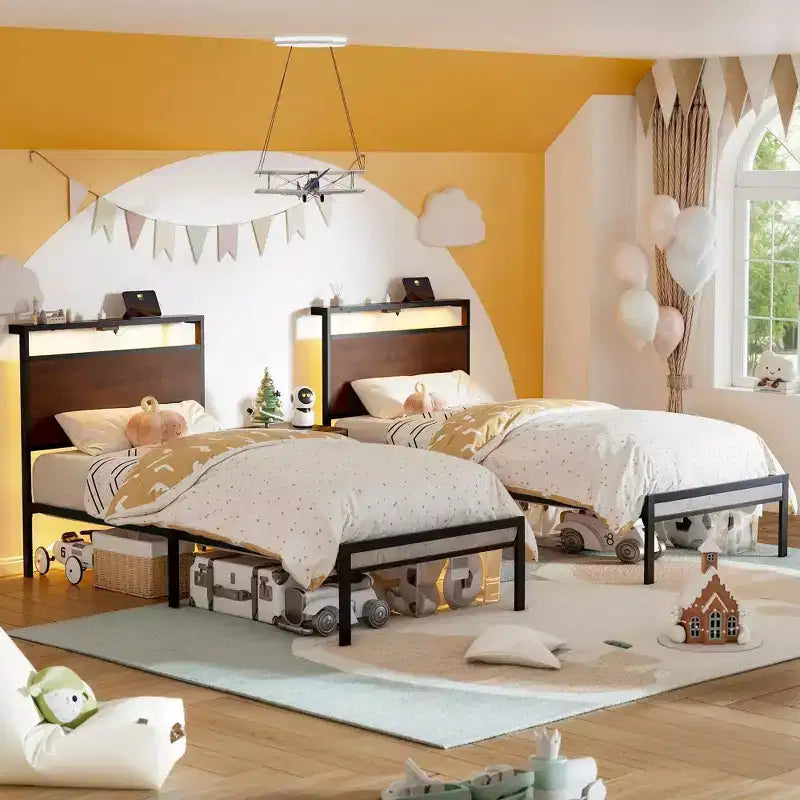 Hausource Twin Size Bed Frame with LED Headboard, Charging Station, No Box Spring Needed