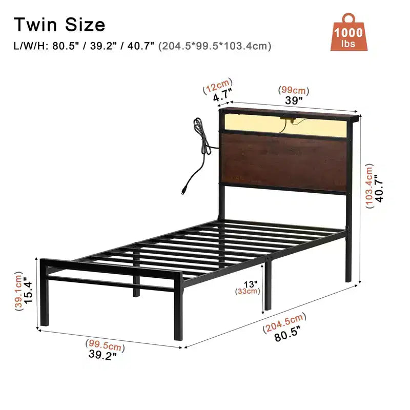 Hausource Twin Size Bed Frame with LED Headboard, Charging Station, No Box Spring Needed