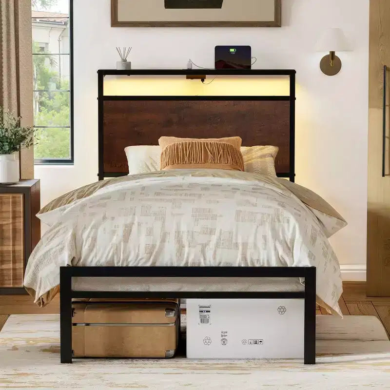 Hausource Twin Size Bed Frame with LED Headboard, Charging Station, No Box Spring Needed