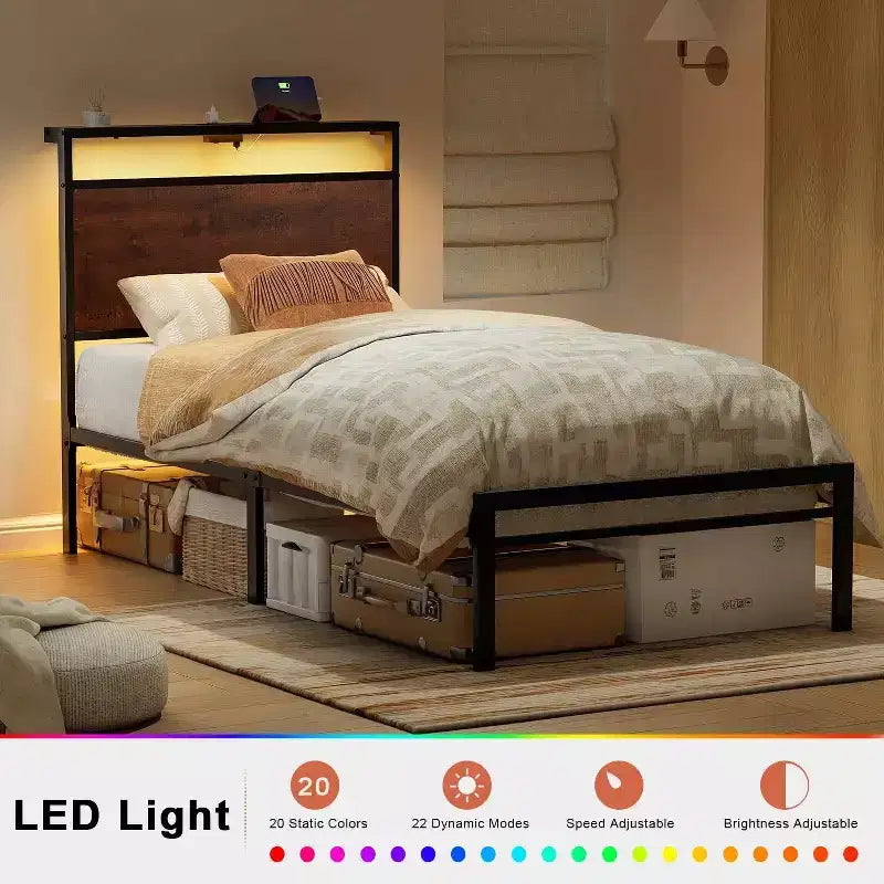 Hausource Twin Size Bed Frame with LED Headboard, Charging Station, No Box Spring Needed