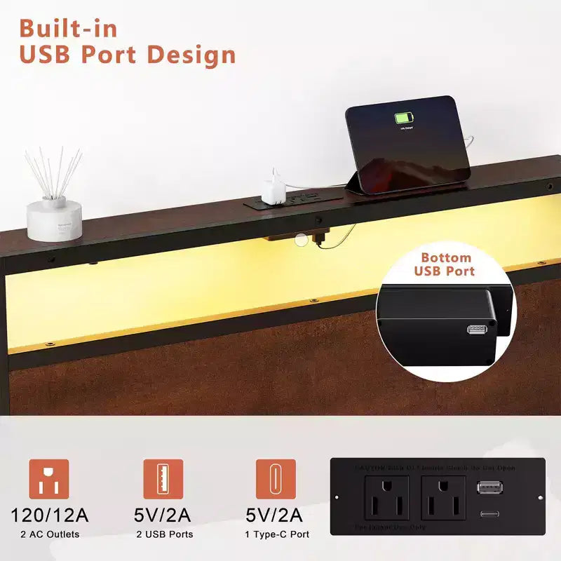 Hausource Twin Size Bed Frame with LED Headboard, Charging Station, No Box Spring Needed