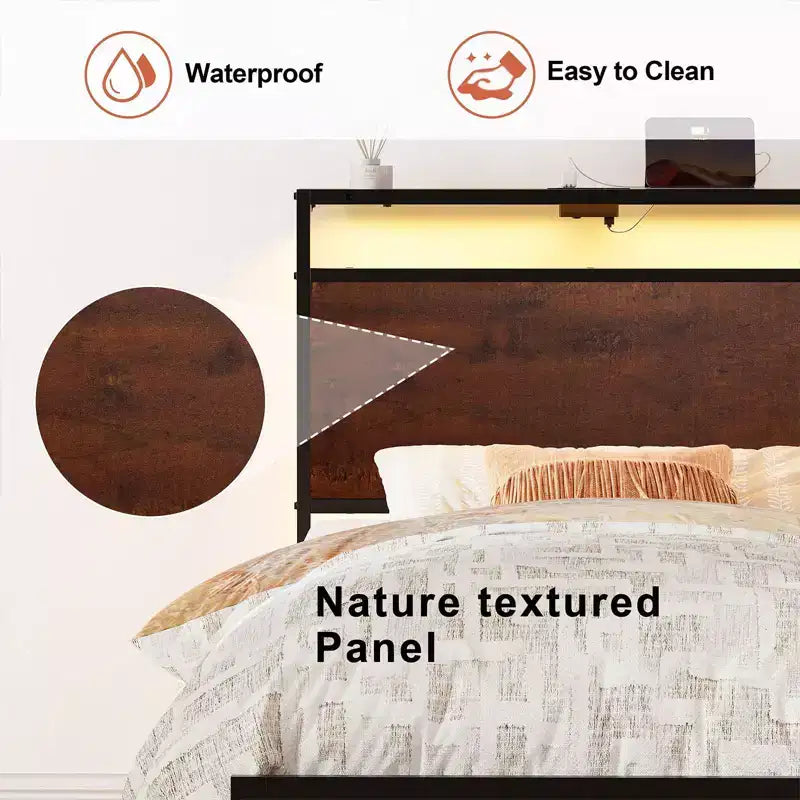 Hausource Twin Size Bed Frame with LED Headboard, Charging Station, No Box Spring Needed