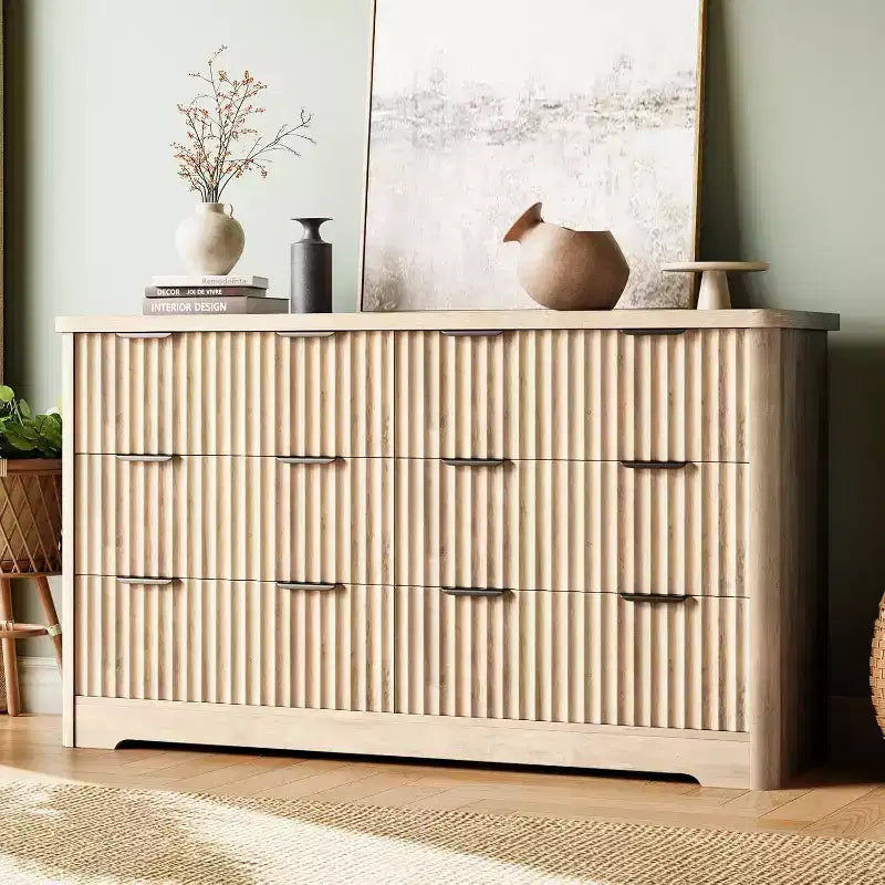 GustoWave Grooved 6 Drawer Dresser, Sturdy Clothing Storage, Natural Wood