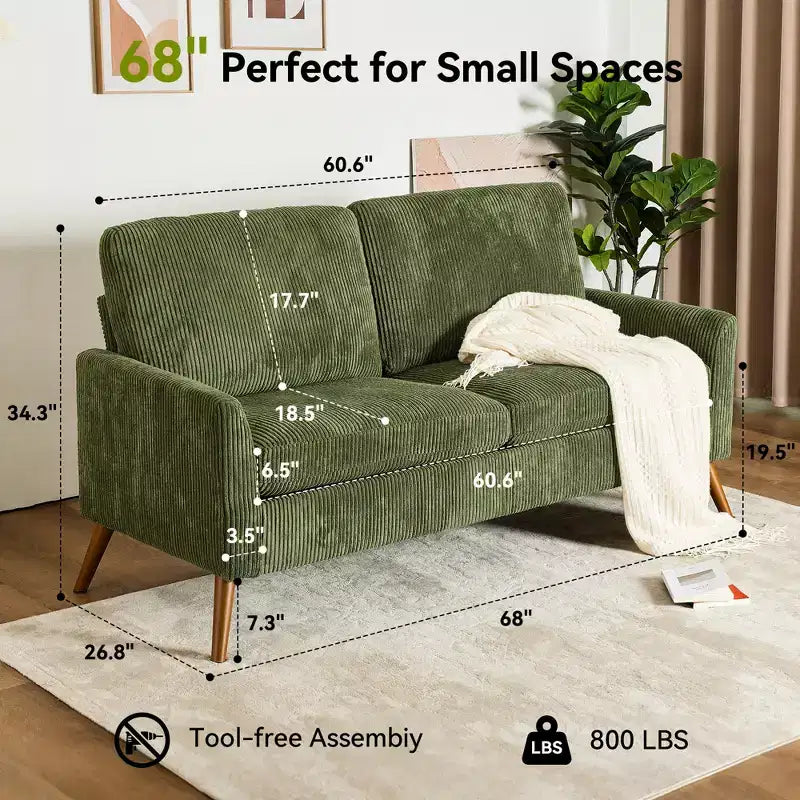 Dyonery 68 Loveseat Sofa, Comfy Couches for Living Room, Mid Century Modern Love Seat Sofa, Tool-Free Setup Small Couches for Bedroom Office