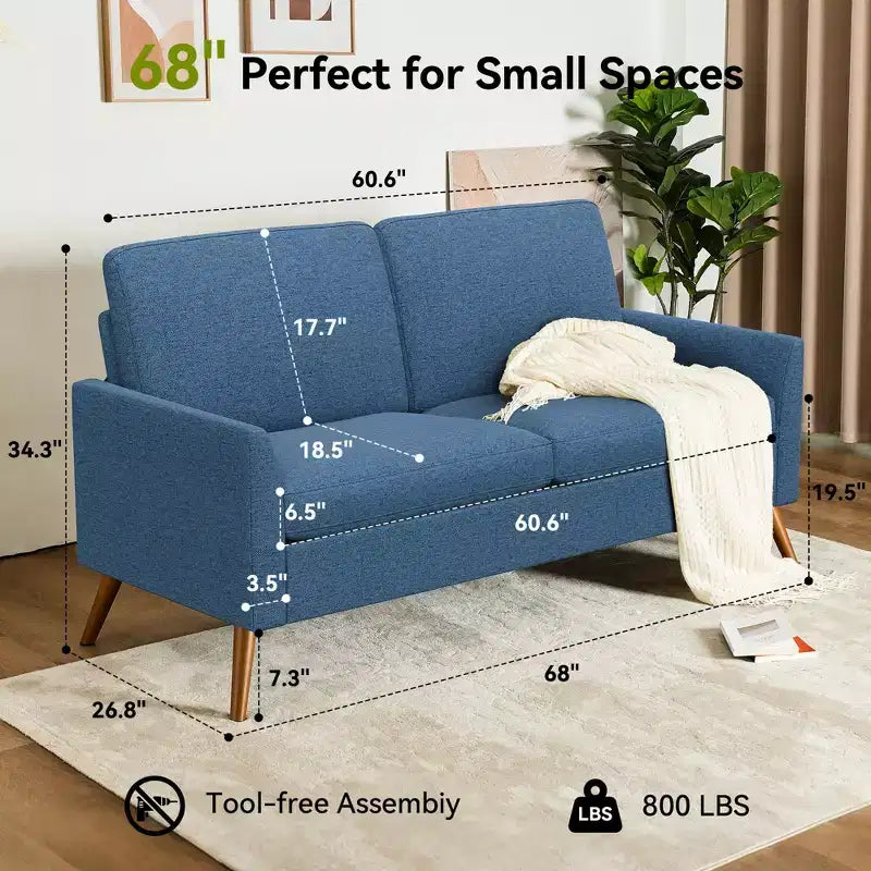 Dyonery 68 Loveseat Sofa, Comfy Couches for Living Room, Mid Century Modern Love Seat Sofa, Tool-Free Setup Small Couches for Bedroom Office