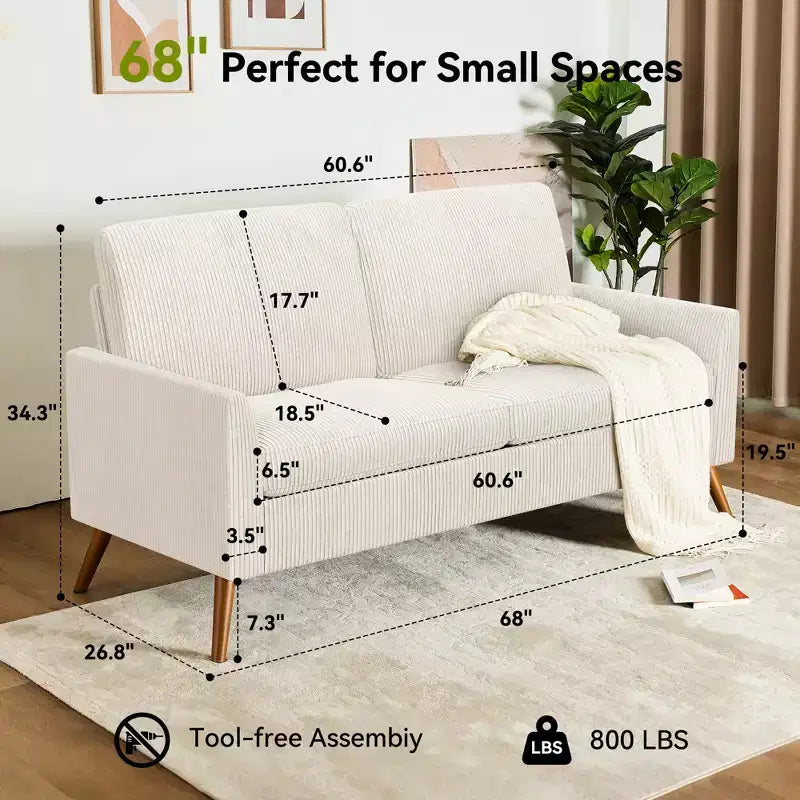 Dyonery 68 Loveseat Sofa, Comfy Couches for Living Room, Mid Century Modern Love Seat Sofa, Tool-Free Setup Small Couches for Bedroom Office