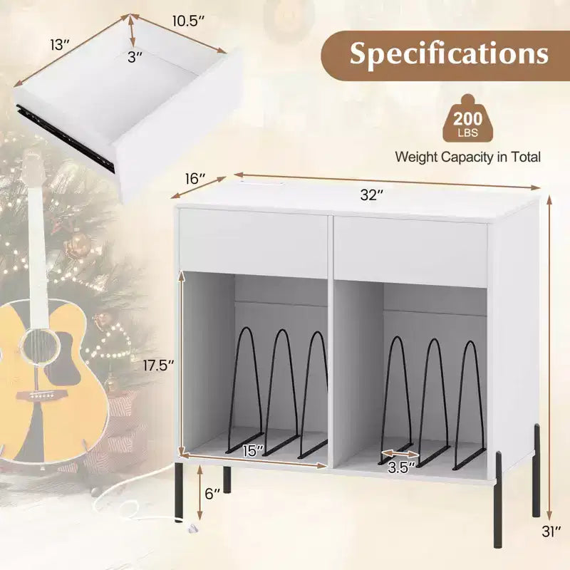 Costway Large Record Player Stand with Charging Station Storage Compartments & 2 Drawers White/Black
