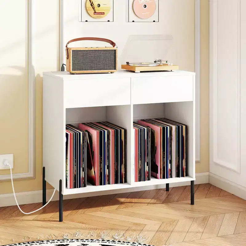 Costway Large Record Player Stand with Charging Station Storage Compartments & 2 Drawers White/Black