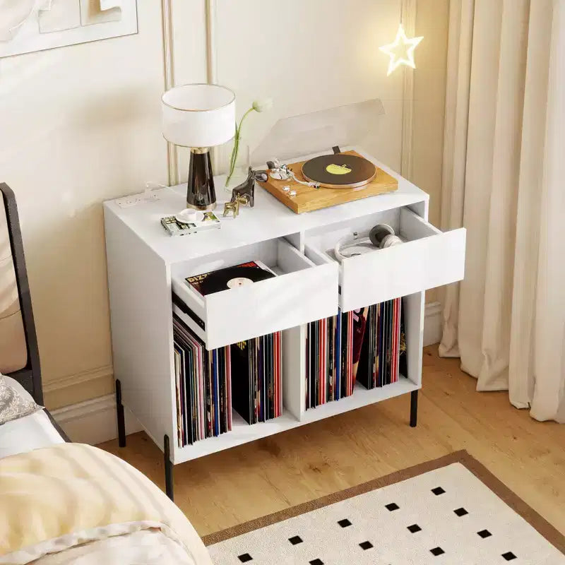Costway Large Record Player Stand with Charging Station Storage Compartments & 2 Drawers White/Black