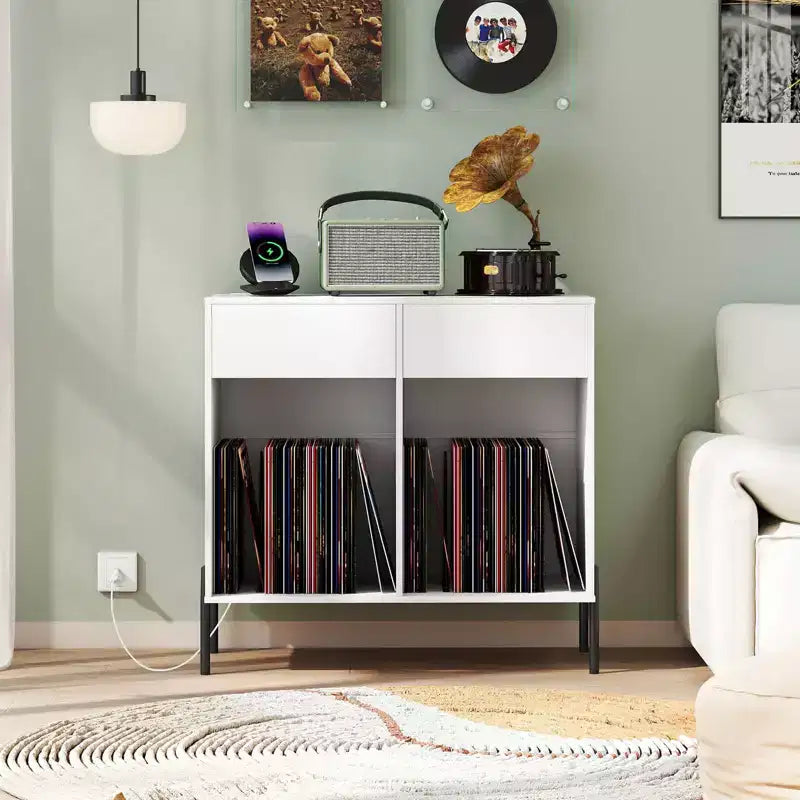 Costway Large Record Player Stand with Charging Station Storage Compartments & 2 Drawers White/Black