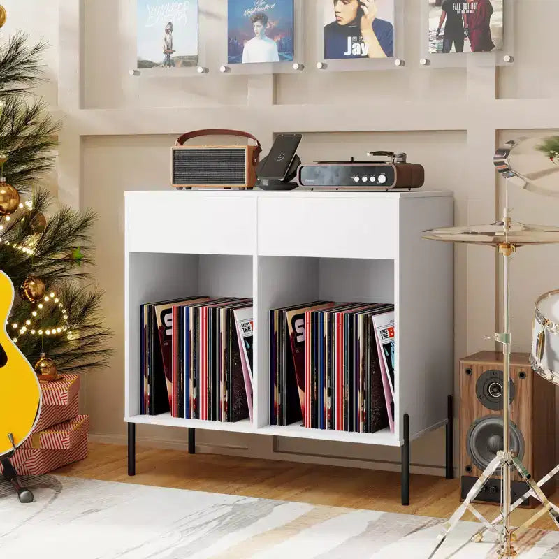 Costway Large Record Player Stand with Charging Station Storage Compartments & 2 Drawers White/Black