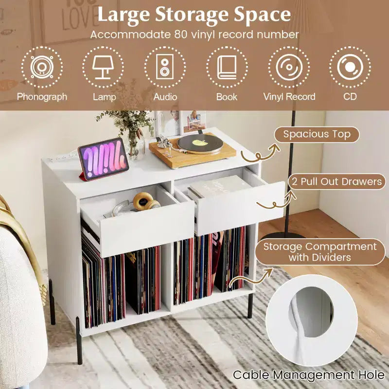 Costway Large Record Player Stand with Charging Station Storage Compartments & 2 Drawers White/Black