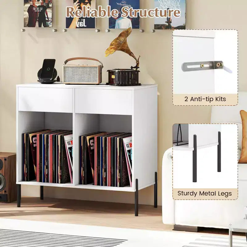 Costway Large Record Player Stand with Charging Station Storage Compartments & 2 Drawers White/Black