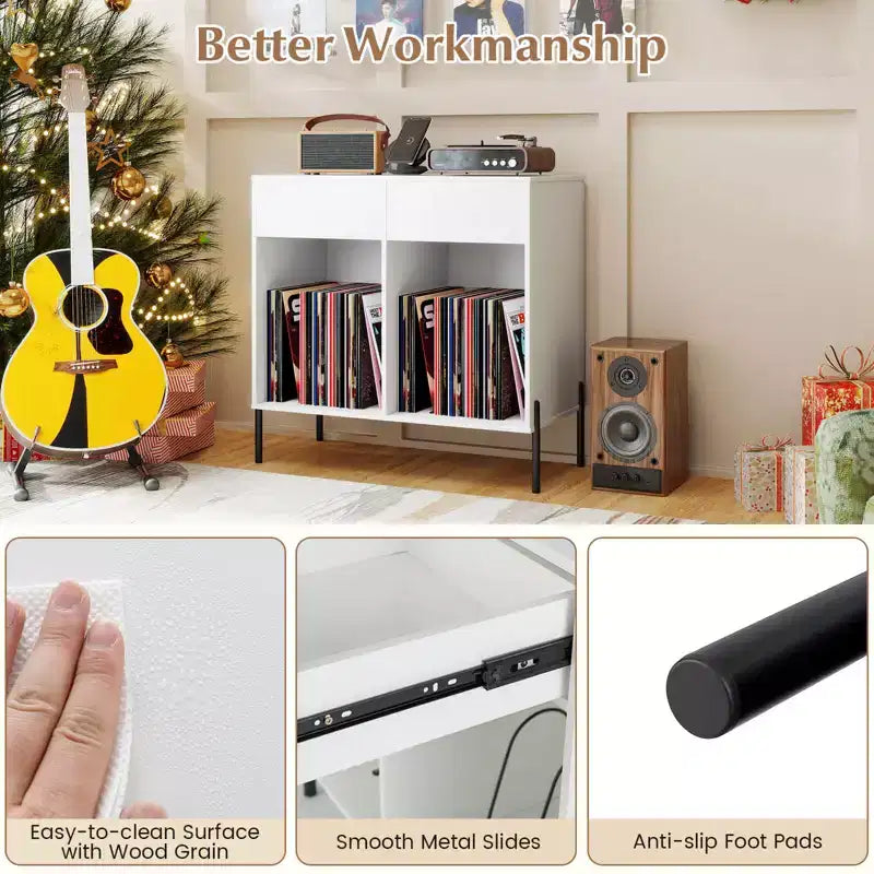 Costway Large Record Player Stand with Charging Station Storage Compartments & 2 Drawers White/Black
