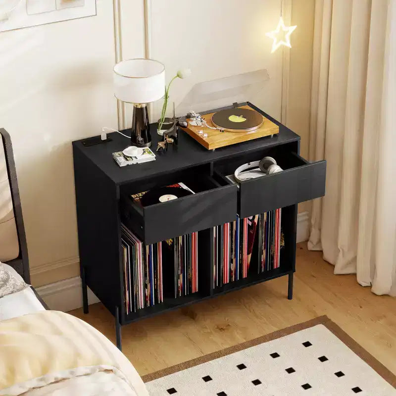 Costway Large Record Player Stand with Charging Station Storage Compartments & 2 Drawers White/Black