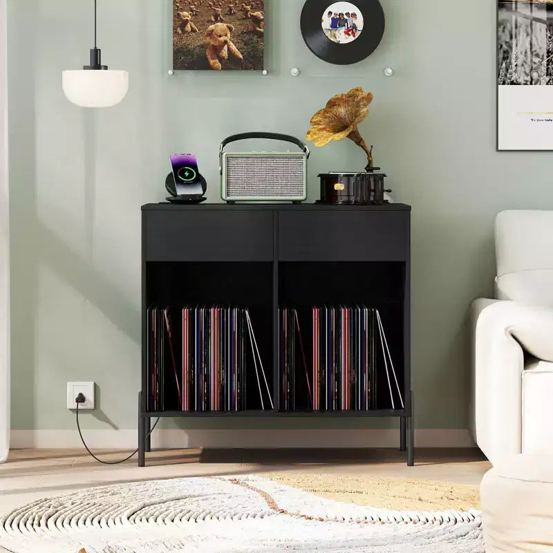 Costway Large Record Player Stand with Charging Station Storage Compartments & 2 Drawers White/Black