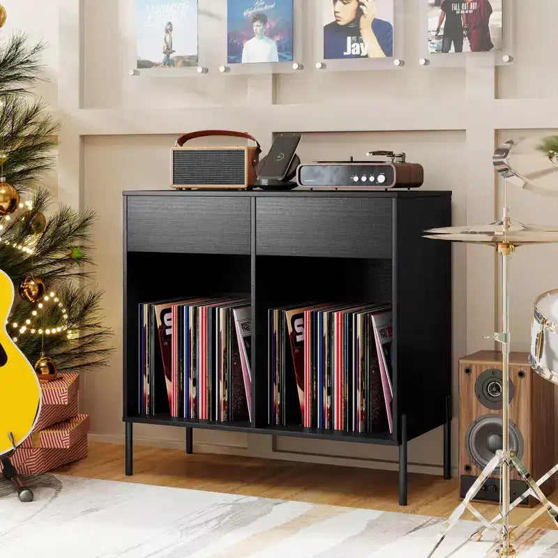 Costway Large Record Player Stand with Charging Station Storage Compartments & 2 Drawers White/Black