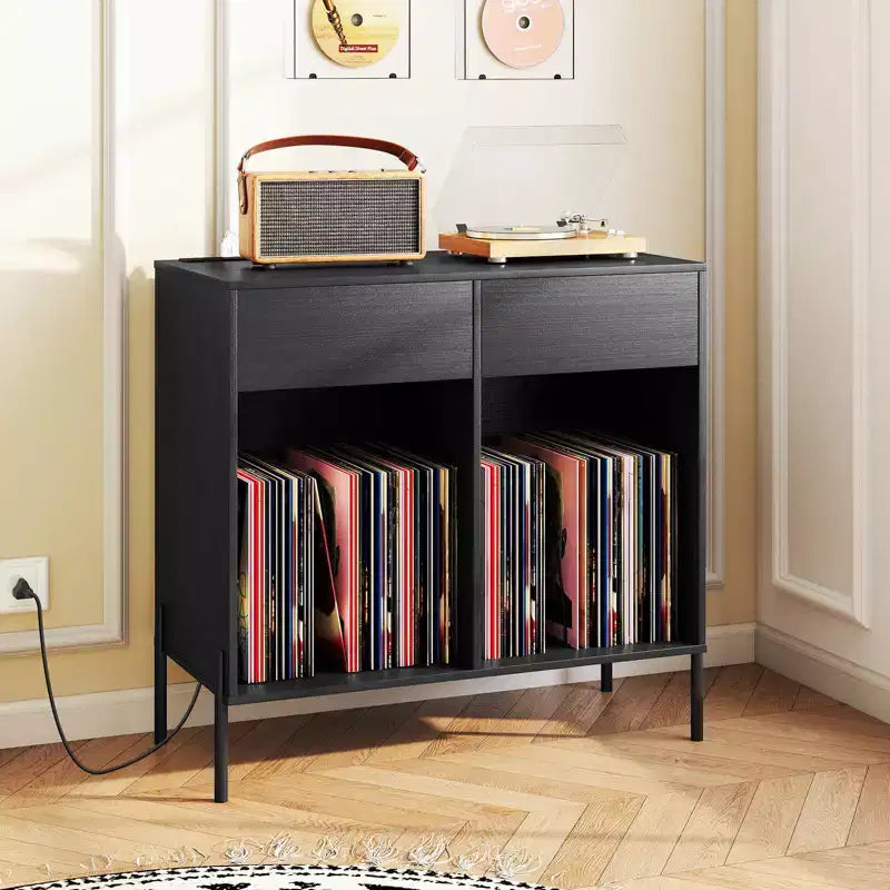 Costway Large Record Player Stand with Charging Station Storage Compartments & 2 Drawers White/Black