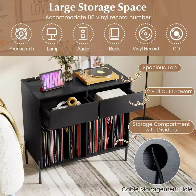Costway Large Record Player Stand with Charging Station Storage Compartments & 2 Drawers White/Black