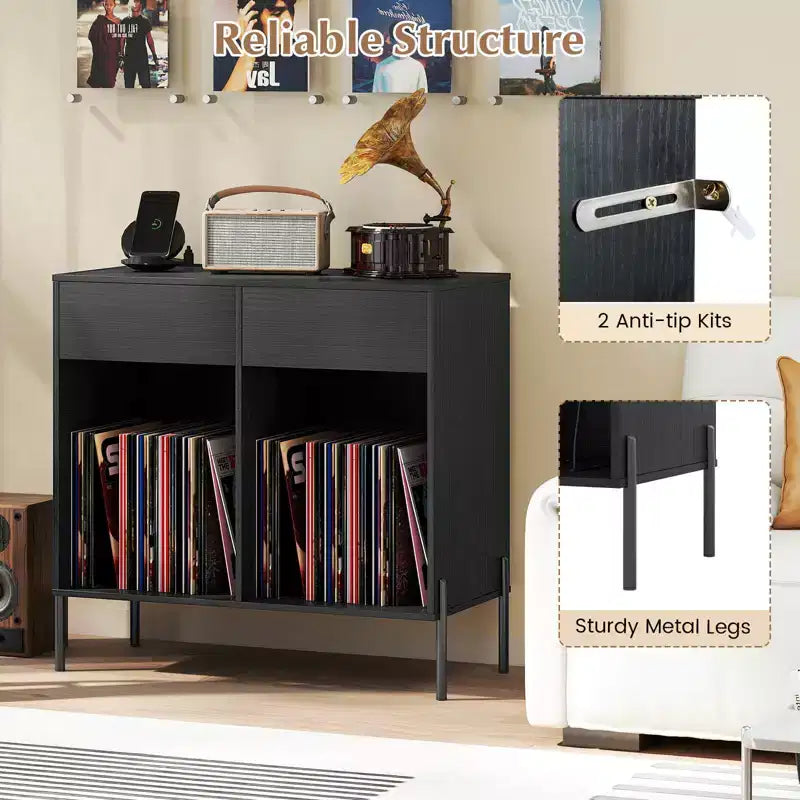 Costway Large Record Player Stand with Charging Station Storage Compartments & 2 Drawers White/Black