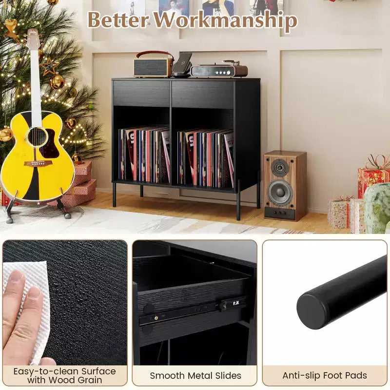 Costway Large Record Player Stand with Charging Station Storage Compartments & 2 Drawers White/Black
