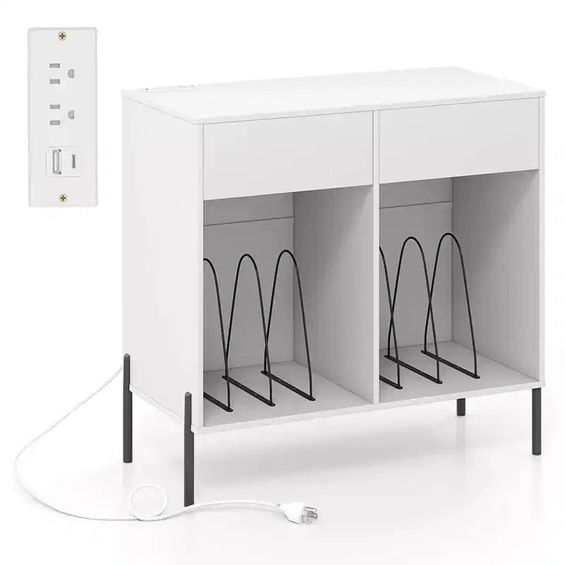 Costway Large Record Player Stand with Charging Station Storage Compartments & 2 Drawers White/Black