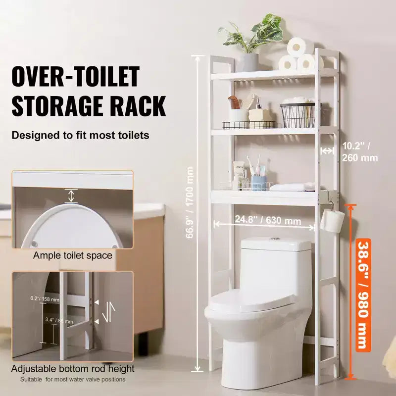 VEVOR Over the Toilet Storage, 3-Tier Adjustable Over Toilet Bathroom Organizer, Bamboo Storage Shelf Rack with 3 Hooks, Fit Most Toilets, White