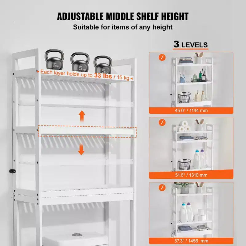 VEVOR Over the Toilet Storage, 3-Tier Adjustable Over Toilet Bathroom Organizer, Bamboo Storage Shelf Rack with 3 Hooks, Fit Most Toilets, White