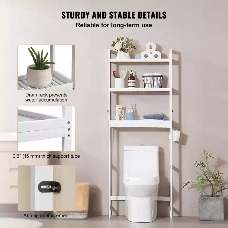 VEVOR Over the Toilet Storage, 3-Tier Adjustable Over Toilet Bathroom Organizer, Bamboo Storage Shelf Rack with 3 Hooks, Fit Most Toilets, White
