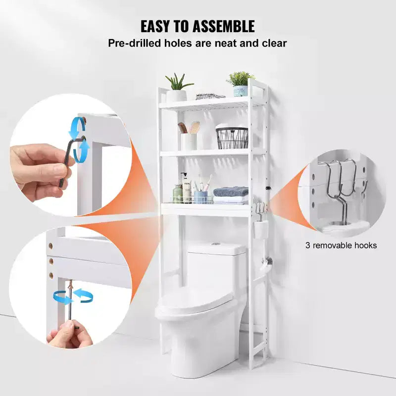 VEVOR Over the Toilet Storage, 3-Tier Adjustable Over Toilet Bathroom Organizer, Bamboo Storage Shelf Rack with 3 Hooks, Fit Most Toilets, White