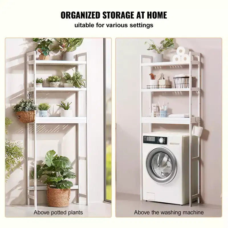VEVOR Over the Toilet Storage, 3-Tier Adjustable Over Toilet Bathroom Organizer, Bamboo Storage Shelf Rack with 3 Hooks, Fit Most Toilets, White