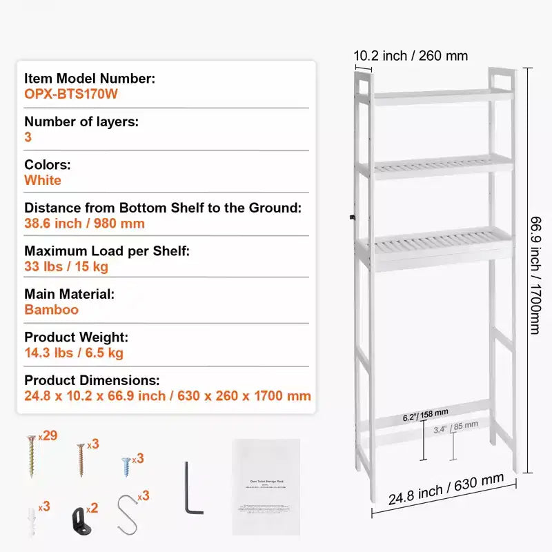 VEVOR Over the Toilet Storage, 3-Tier Adjustable Over Toilet Bathroom Organizer, Bamboo Storage Shelf Rack with 3 Hooks, Fit Most Toilets, White