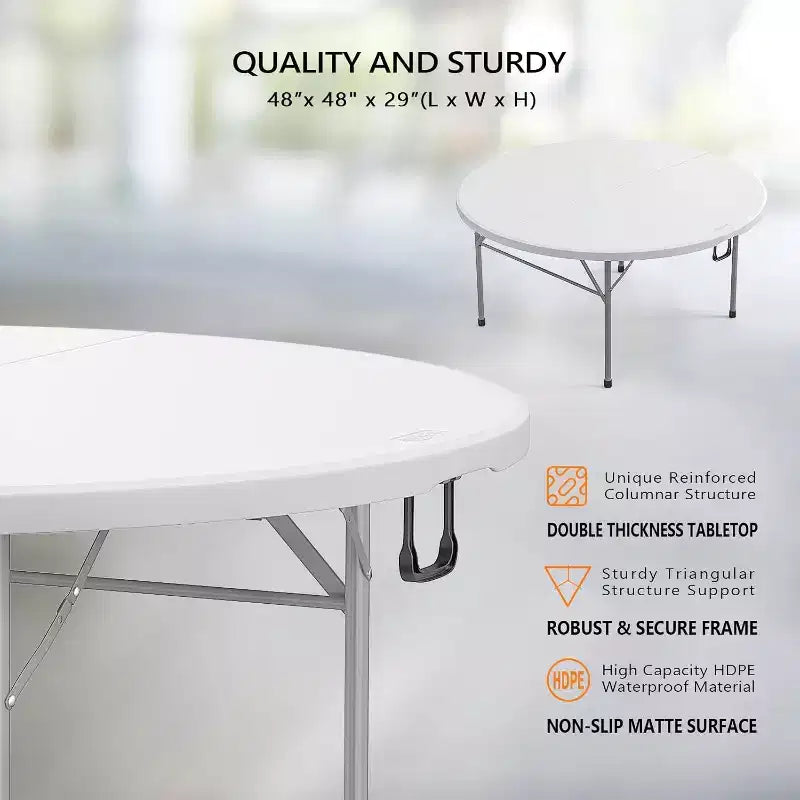 VINGLI 48 Round Bi-Folding Commercial Table, Portable Plastic Dining Card Table for Outdoor Parties, Restaurants, Cafes and Commercial Events, White