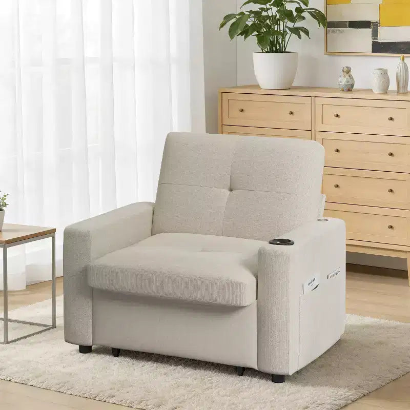 Dyonery 3-in-1 Sleeper Sofa Chair Bed, 42.5 W Convertible Sleeper Chair with Pull Out Bed, USB Charging Ports & Side Table, Cup Holder