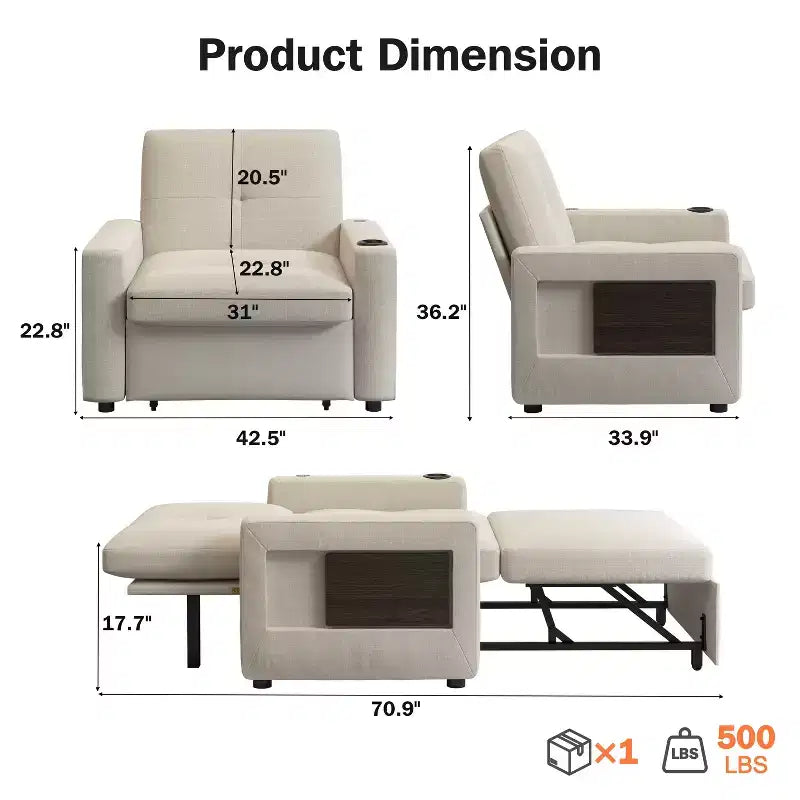 Dyonery 3-in-1 Sleeper Sofa Chair Bed, 42.5 W Convertible Sleeper Chair with Pull Out Bed, USB Charging Ports & Side Table, Cup Holder