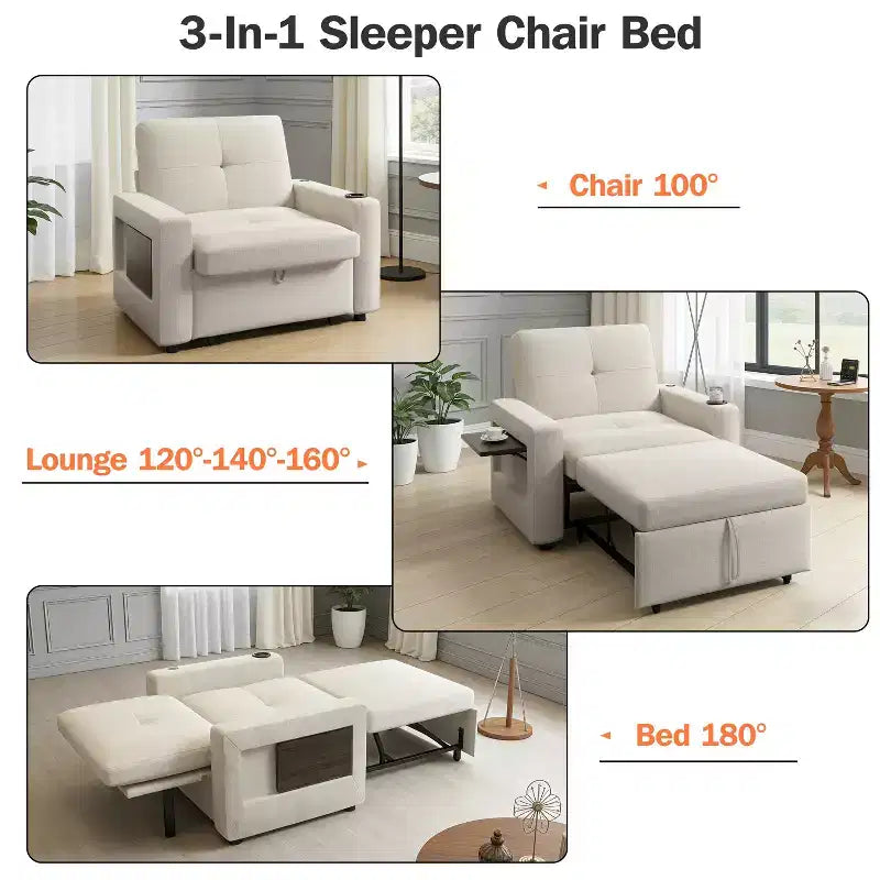 Dyonery 3-in-1 Sleeper Sofa Chair Bed, 42.5 W Convertible Sleeper Chair with Pull Out Bed, USB Charging Ports & Side Table, Cup Holder