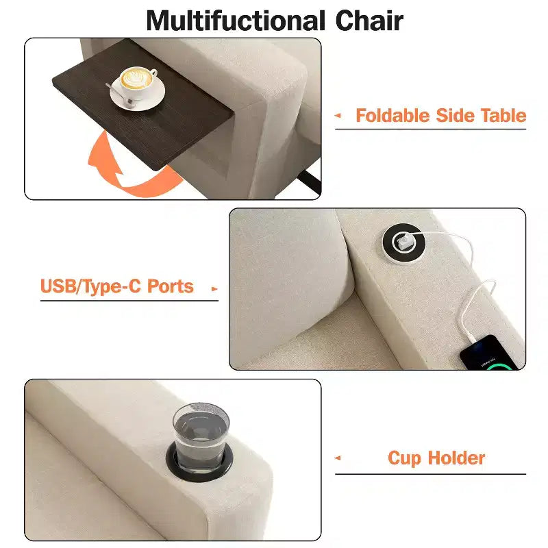 Dyonery 3-in-1 Sleeper Sofa Chair Bed, 42.5 W Convertible Sleeper Chair with Pull Out Bed, USB Charging Ports & Side Table, Cup Holder