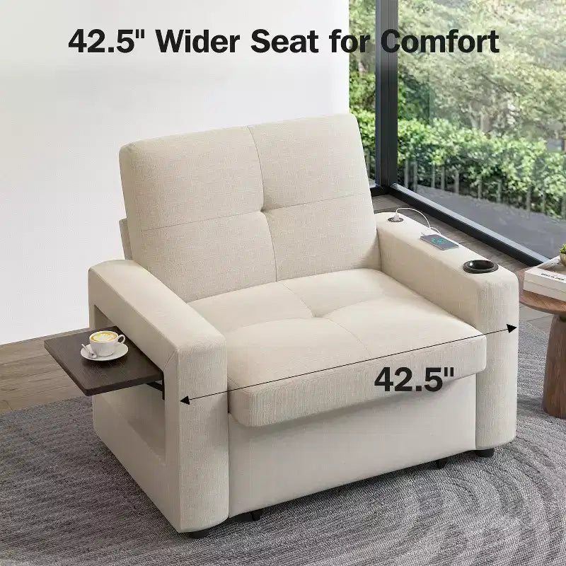 Dyonery 3-in-1 Sleeper Sofa Chair Bed, 42.5 W Convertible Sleeper Chair with Pull Out Bed, USB Charging Ports & Side Table, Cup Holder