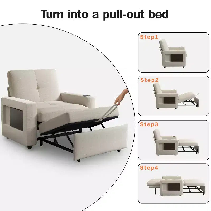 Dyonery 3-in-1 Sleeper Sofa Chair Bed, 42.5 W Convertible Sleeper Chair with Pull Out Bed, USB Charging Ports & Side Table, Cup Holder