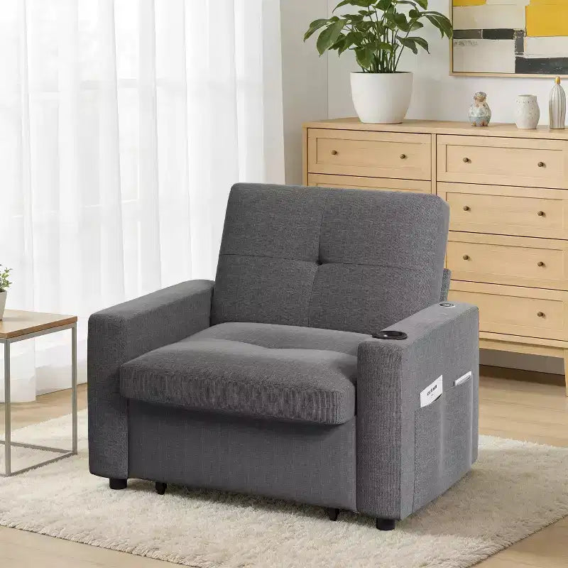 Dyonery 3-in-1 Sleeper Sofa Chair Bed, 42.5 W Convertible Sleeper Chair with Pull Out Bed, USB Charging Ports & Side Table, Cup Holder