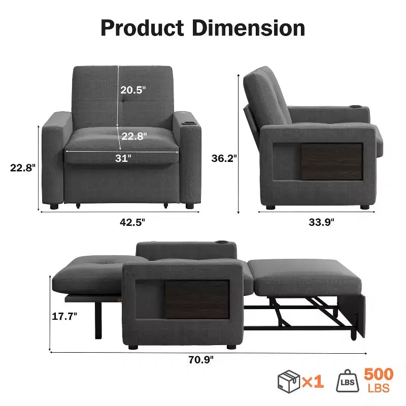 Dyonery 3-in-1 Sleeper Sofa Chair Bed, 42.5 W Convertible Sleeper Chair with Pull Out Bed, USB Charging Ports & Side Table, Cup Holder