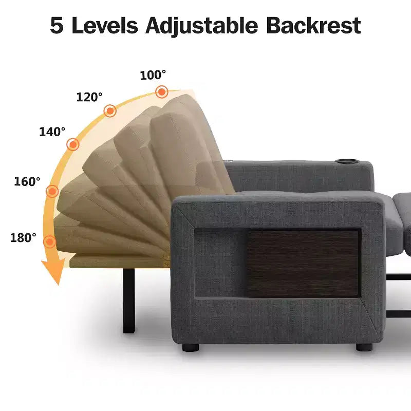Dyonery 3-in-1 Sleeper Sofa Chair Bed, 42.5 W Convertible Sleeper Chair with Pull Out Bed, USB Charging Ports & Side Table, Cup Holder