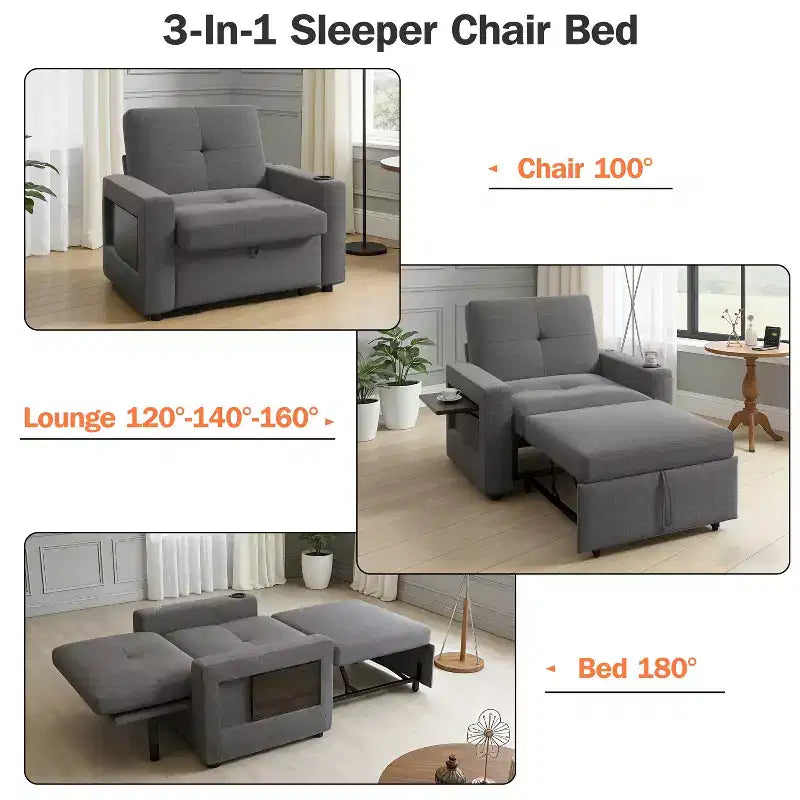 Dyonery 3-in-1 Sleeper Sofa Chair Bed, 42.5 W Convertible Sleeper Chair with Pull Out Bed, USB Charging Ports & Side Table, Cup Holder