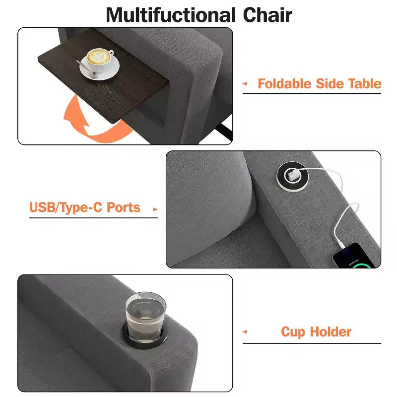 Dyonery 3-in-1 Sleeper Sofa Chair Bed, 42.5 W Convertible Sleeper Chair with Pull Out Bed, USB Charging Ports & Side Table, Cup Holder